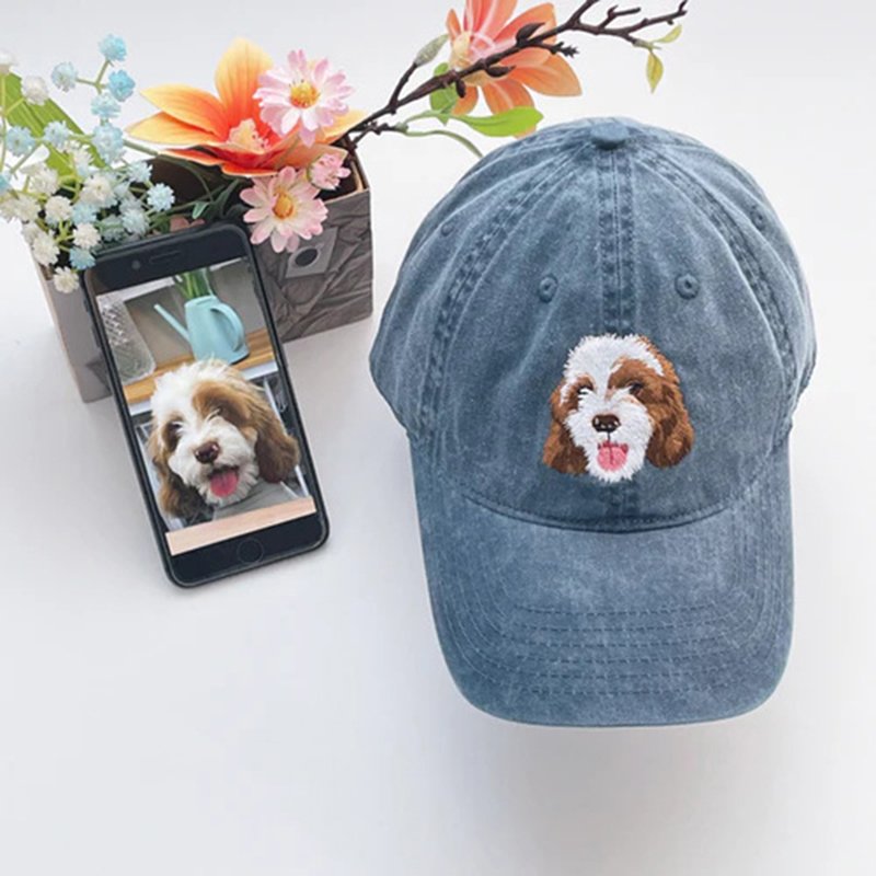 Custom baseball cap with embroidered pet photo design
