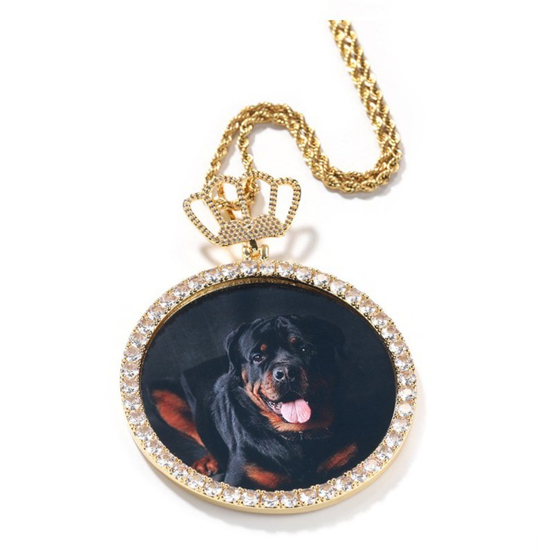Stylish New Oversized Round Custom Pet Photo Pendant Necklace with Rhinestone-Studded Crown Clasp - 图片 2