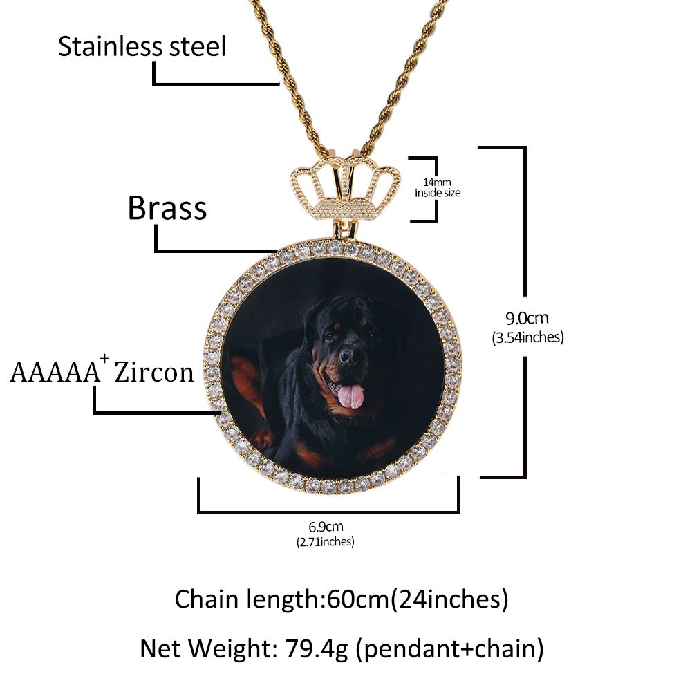 Stylish New Oversized Round Custom Pet Photo Pendant Necklace with Rhinestone-Studded Crown Clasp - 图片 3