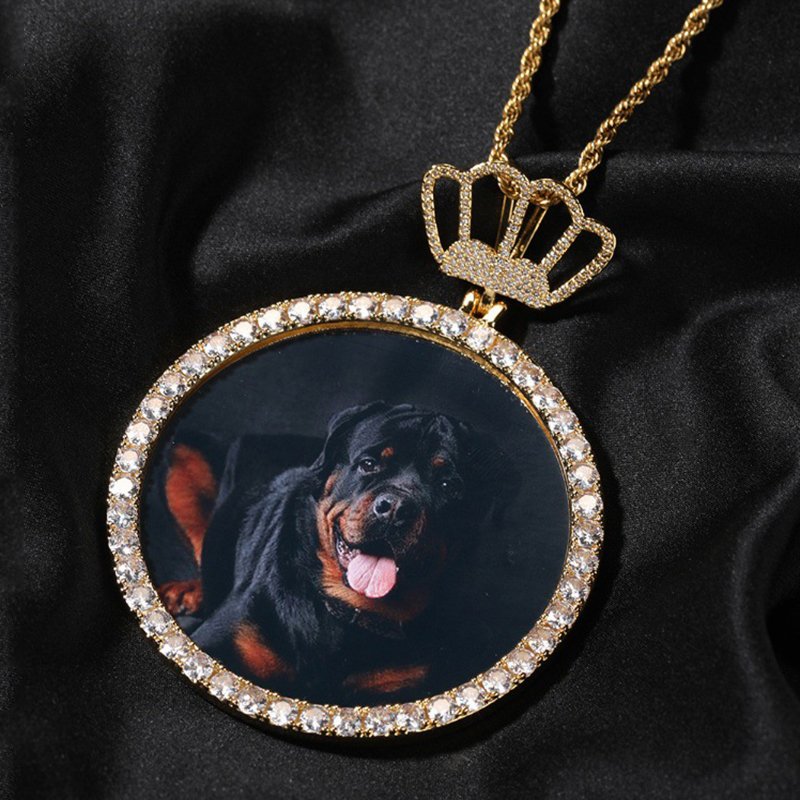 Stylish New Oversized Round Custom Pet Photo Pendant Necklace with Rhinestone-Studded Crown Clasp - 图片 4